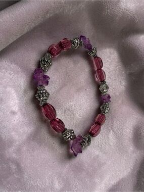 Pink/Purple Beaded Stretch Bracelet - Feminine Accent
